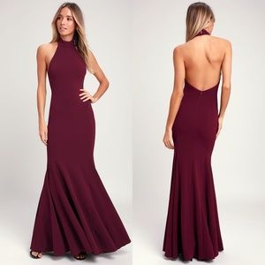 NEW LULU's Burgundy Slice of Joy Halter Maxi Dress
